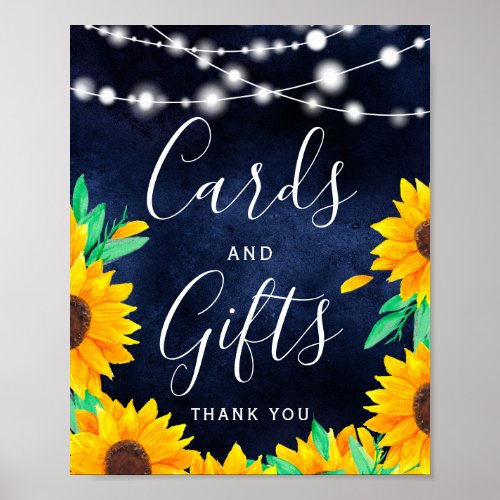 Rustic navy string lights sunflowers Card gifts Poster