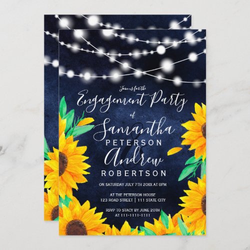 Rustic navy  string lights sunflowers engagement invitation