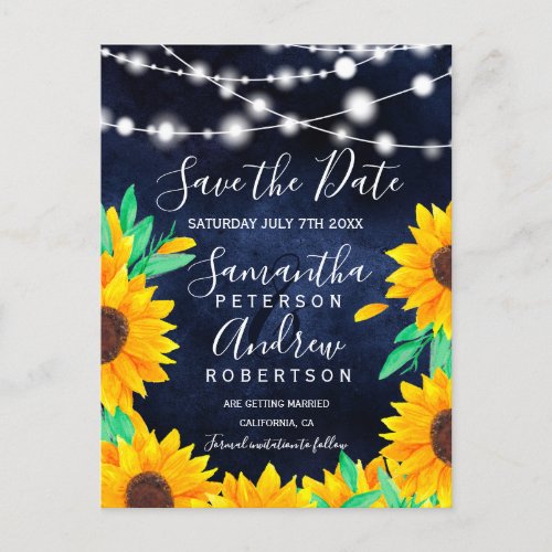 Rustic navy string lights sunflowers save the date announcement postcard