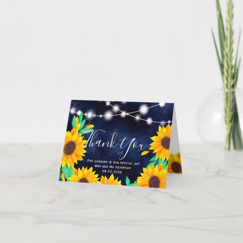 Rustic navy string lights sunflowers thank you card