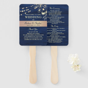 Rustic Navy String Lights Wedding Hand Fan