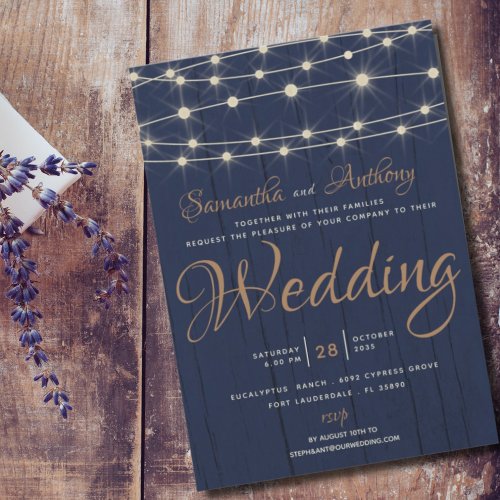 Rustic Navy String Lights Wedding Invitation