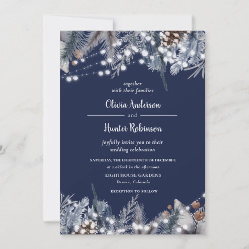 Rustic Navy String Lights Winter Wedding Invitatio Invitation