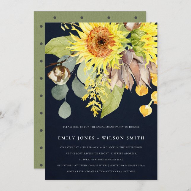 RUSTIC NAVY SUNFLOWER EUCALYPTUS FLORAL ENGAGEMENT INVITATION (Front/Back)