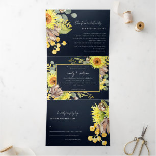 RUSTIC NAVY SUNFLOWER EUCALYPTUS FLORAL WEDDING Tri-Fold INVITATION