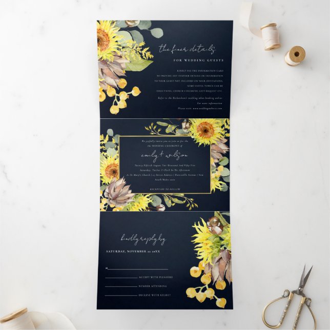 RUSTIC NAVY SUNFLOWER EUCALYPTUS FLORAL WEDDING Tri-Fold INVITATION (Inside)
