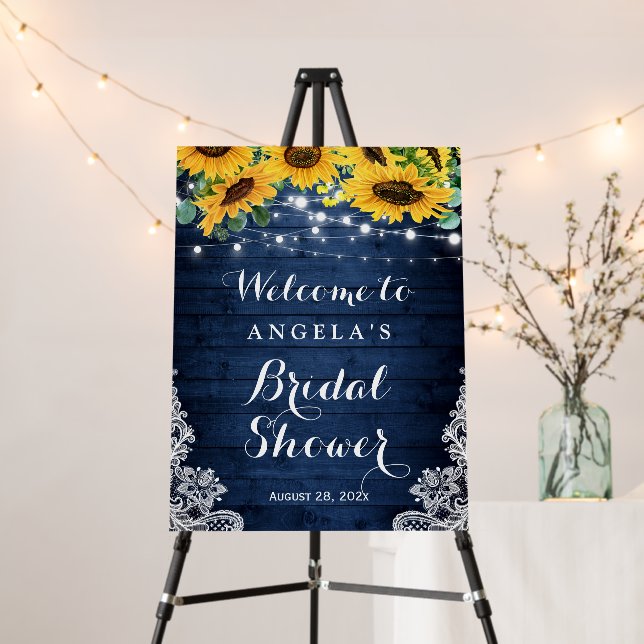 Rustic Navy Sunflower String Lights Bridal Shower Foam Board (In Situ (Stand))
