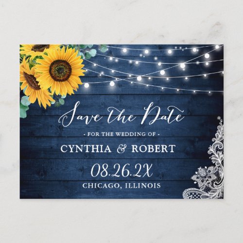 Rustic Navy Sunflower String Lights Save the Date Postcard - Rustic Navy Wood Sunflower String Lights Photo Save the Date Postcard