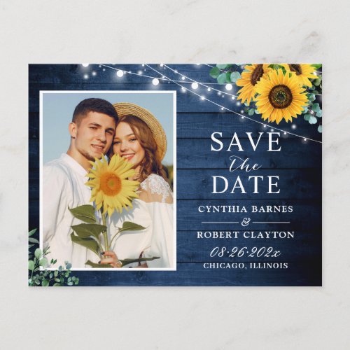 Rustic Navy Sunflower String Lights Save the Date Postcard