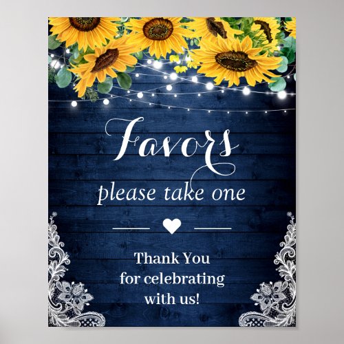 Rustic Navy Sunflower String Lights Wedding Favors Poster