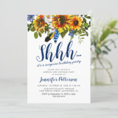 Rustic Navy Sunflower Surprise Birthday Party Invitation (Standing Front)