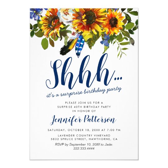 Rustic Navy Sunflower Surprise Birthday Party Invitation