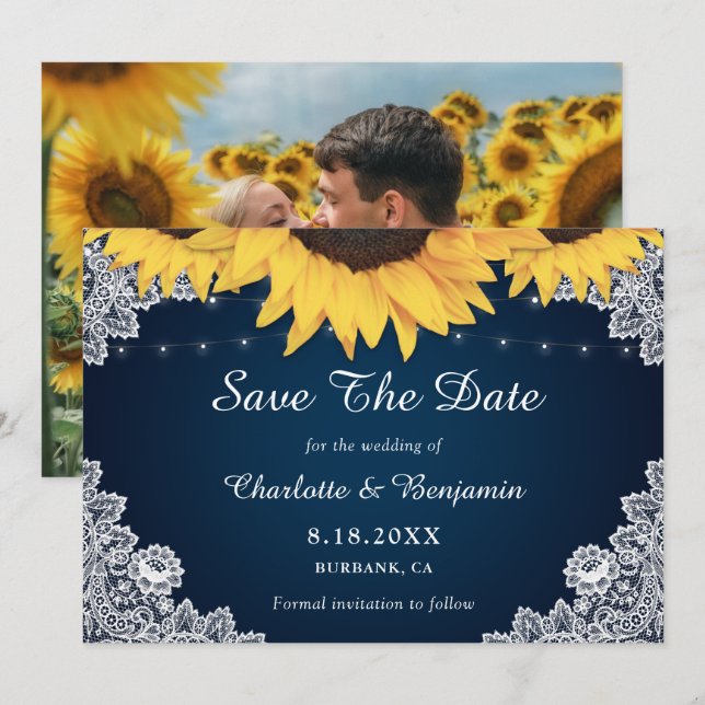 Rustic Navy Sunflower Wedding Photo Save The Date (Front/Back)