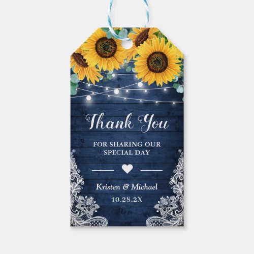 Rustic Navy Sunflowers String Lights Thank You Gift Tags