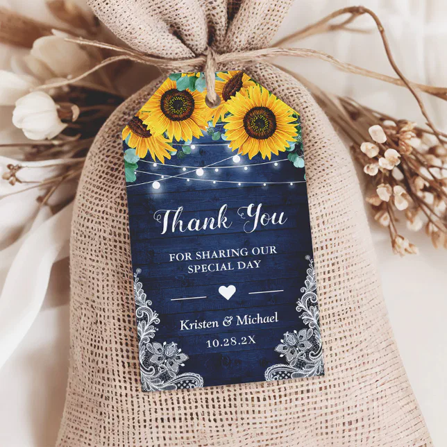 Rustic Navy Sunflowers String Lights Thank You Gift Tags | Zazzle