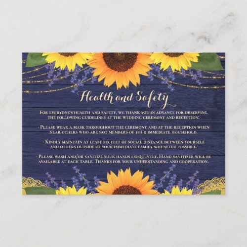 Rustic Navy Sunflowers Wedding Health and Safety Enclosure Card