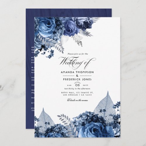 Rustic Navy  White with Silver Faux Foil Wedding Invitation