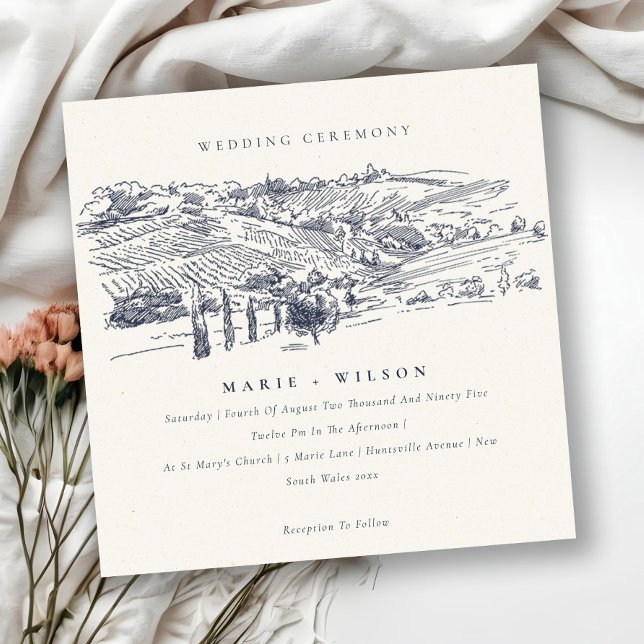 Rustic Navy Winery Mountain Sketch Wedding Invite (Creator Uploaded)