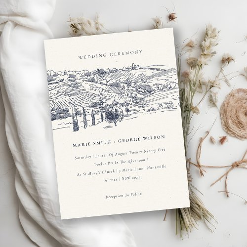 Rustic Navy Winery Mountain Sketch Wedding Invite