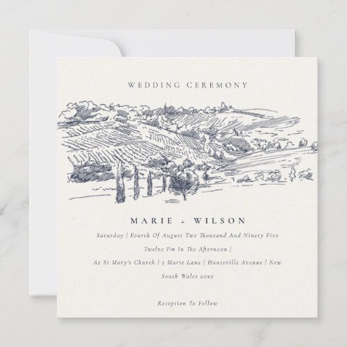 Rustic Navy Winery Mountain Sketch Wedding Invite