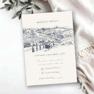 Rustic Navy Winery Mountain Sketch Wedding RSVP Enclosure Card