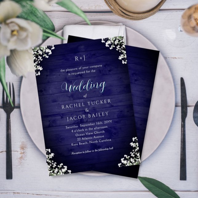 Rustic Navy Wood Baby's Breath Floral Wedding Invitation (Creator Uploaded)