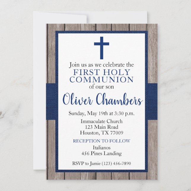 Rustic Navy & Wood Boy First Holy Communion Invitation (Front)