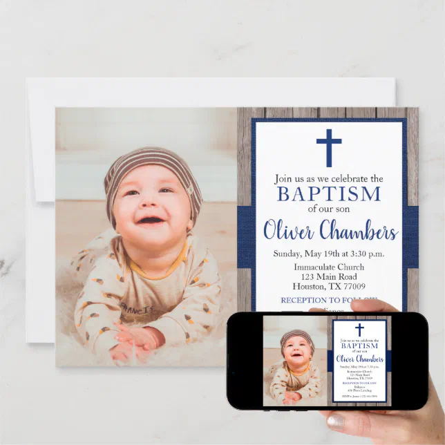 Rustic Navy & Wood Boy Photo Baptism Invitation | Zazzle