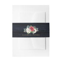 Rustic Navy Wood Elegant Red Floral White Wedding  Invitation Belly Band