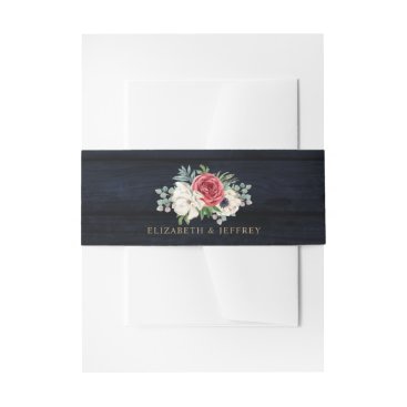 Rustic Navy Wood Elegant Red Floral White Wedding  Invitation Belly Band