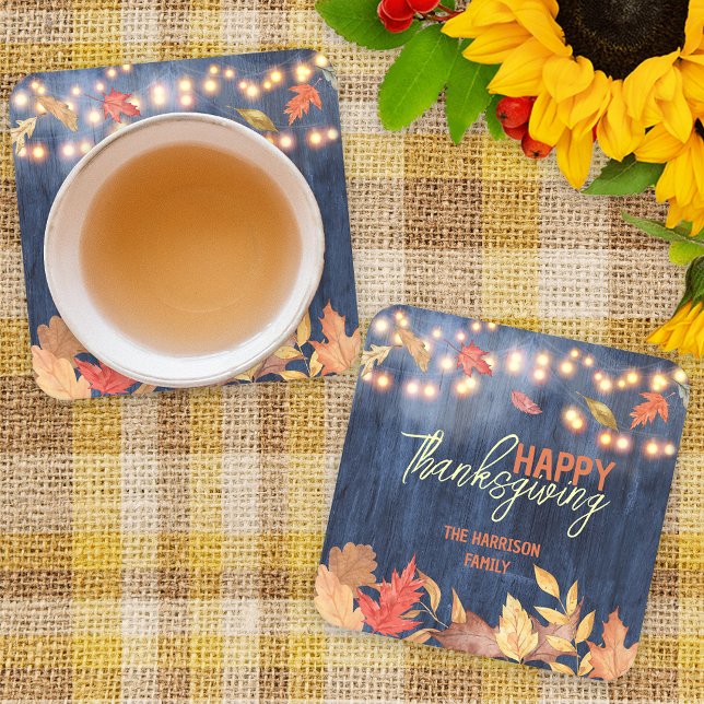 Rustic Navy Wood Fall Leaves Thanksgiving Table Square Paper Coaster (Creator Uploaded)