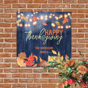 Rustic Navy Wood Fall Leaves Thanksgiving Welcome Poster