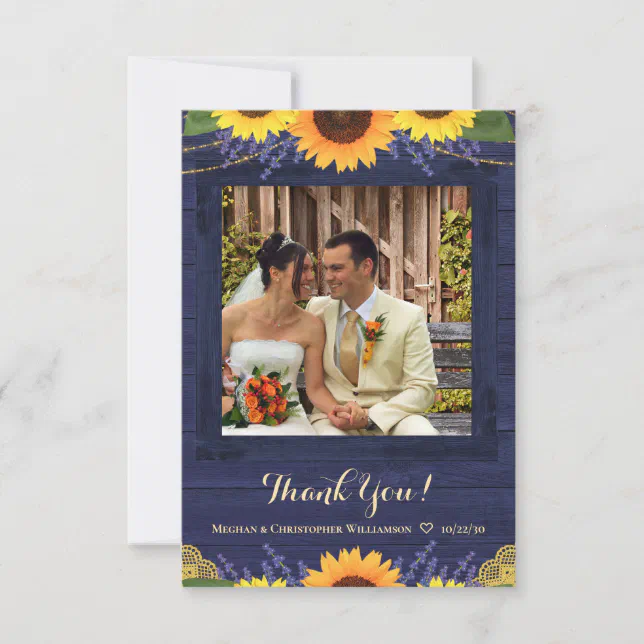 Rustic Navy Wood Lights Sunflower Wedding Photo Thank You Card | Zazzle