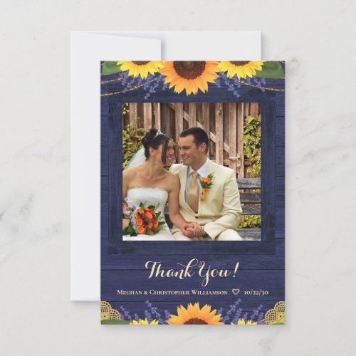 Rustic Navy Wood Lights Sunflower Wedding Photo Thank You Card