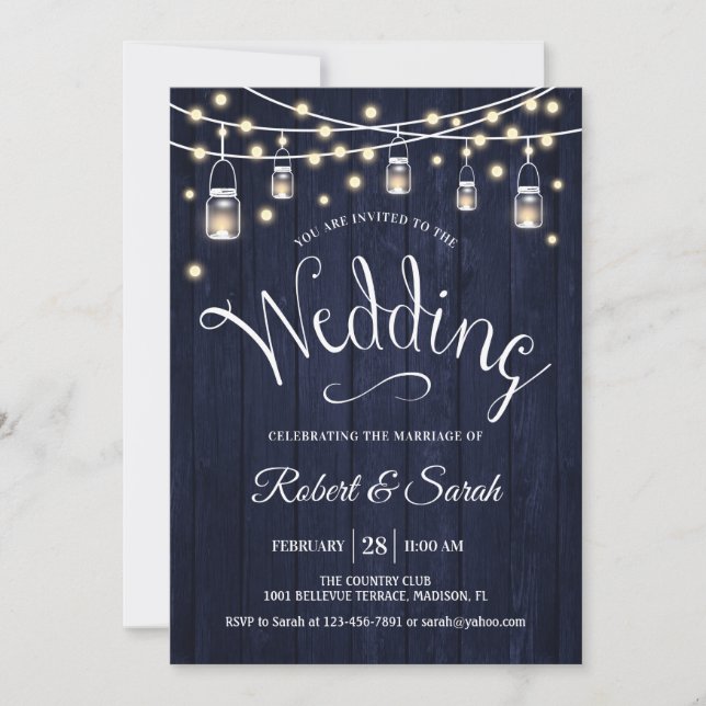 Rustic Navy Wood & Lights Wedding Invitation (Front)