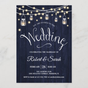 Rustic Navy Wood & Lights Wedding Invitation