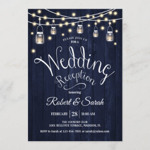 Rustic Navy Wood & Lights Wedding Reception Invitation