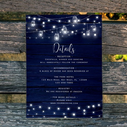 Rustic Navy Wood Mason Jars Lights Details Card