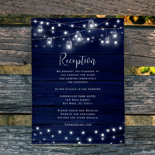 Rustic Navy Wood Mason Jars Lights Reception Card