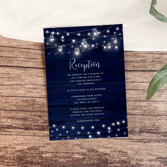 Rustic Navy Wood Mason Jars Lights Reception Card (Creator Uploaded)