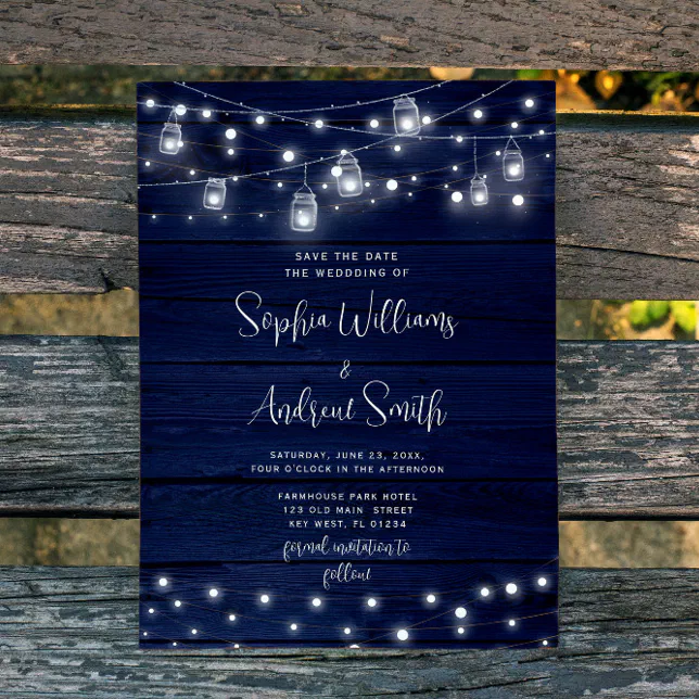 Rustic Navy Wood Mason Jars Lights Save the Date Invitation | Zazzle