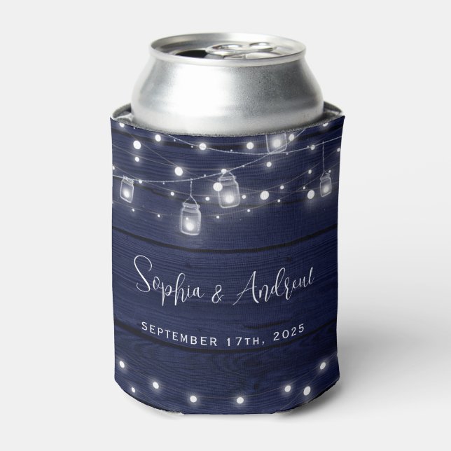 Rustic Navy Wood Mason Jars Lights Wedding Can Cooler (Can Front)
