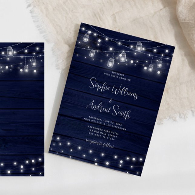 Rustic Navy Wood Mason Jars Lights Wedding Invitation (Creator Uploaded)