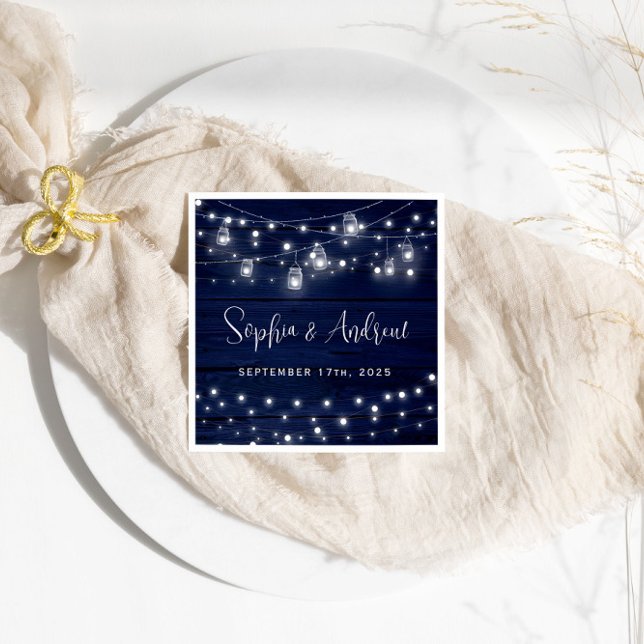  Rustic Navy Wood Mason Jars Lights Wedding Napkins (Creator Uploaded)