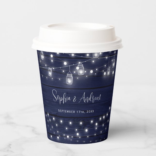 Rustic Navy Wood Mason Jars Lights Wedding Paper Cups (Front)