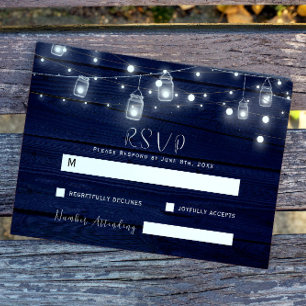 Rustic Navy Wood Mason Jars Lights Wedding RSVP Card