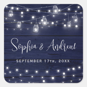Rustic Navy Wood Mason Jars Lights Wedding Square Sticker