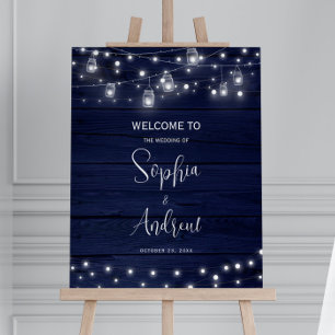 Rustic Navy Wood Mason Jars Lights Wedding Welcome Foam Board