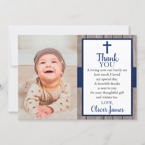 Rustic Navy  Wood Photo Baptism Thank You Card