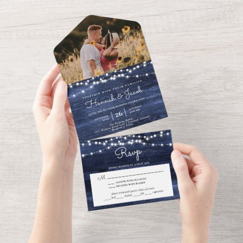 Rustic Navy Wood String Lights Photo RSVP Wedding All In One Invitation